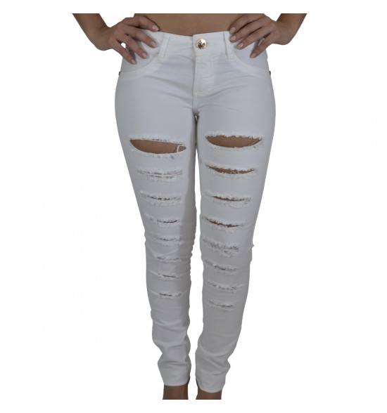 Calça Slim Jeans Alma de Praia Destroyed Branca