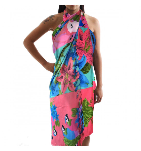 Canga Alma de Praia Poliéster Papagaios Rosa - 3