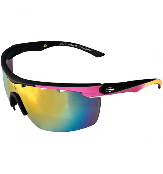 Óculos Mormaii Athlon IV Preto Emborrachado DT Rosa e Laranja/Lente Cinza Revo Rosa