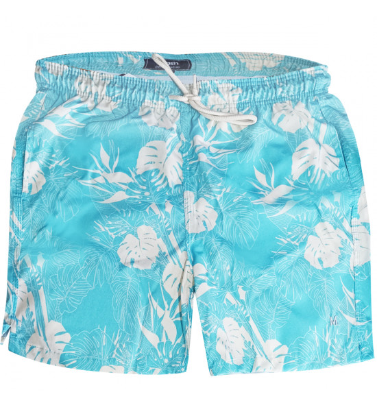 Shorts Água Mash Casual Folhagem Azul e Branco